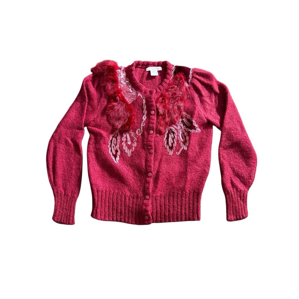 Vtg Mangiotti Embellished Cardigan Button Sweater Fuchsia kid mohair Free Size